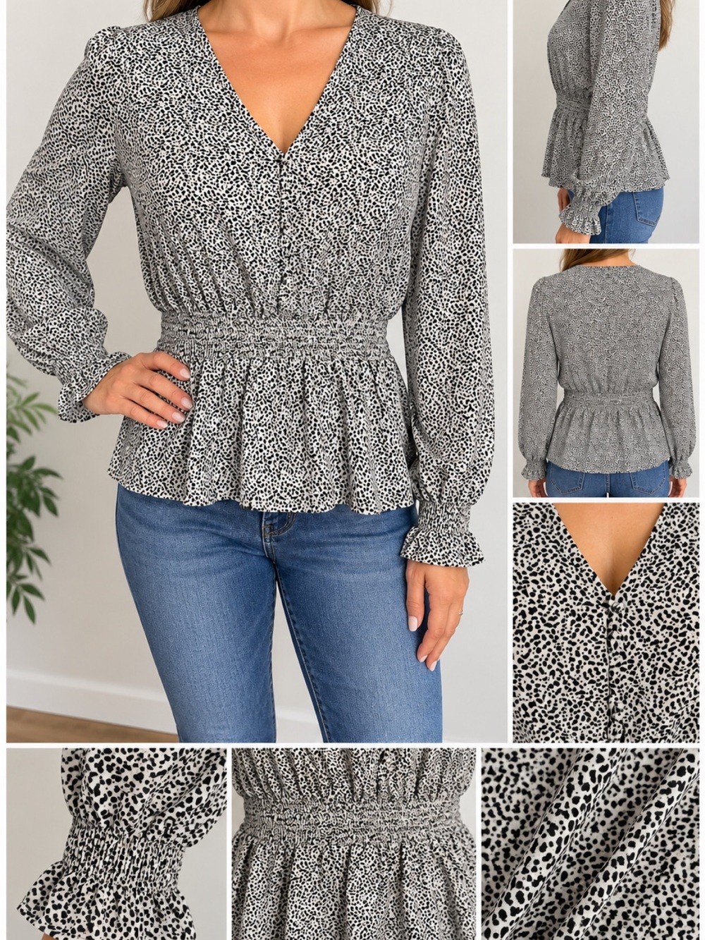 Sienna Sky Black and White V-Neck Smocked Peplum Blouse